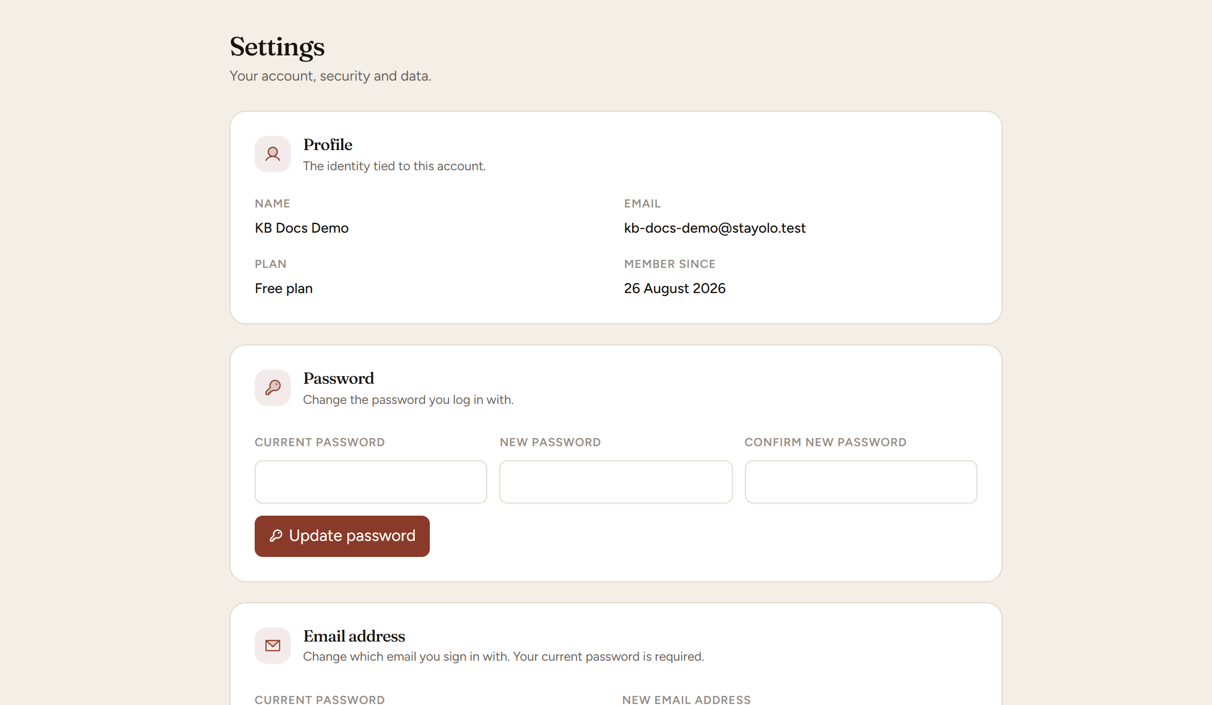 The Settings page showing the Profile, Password and Email address sections, each asking for the current password
